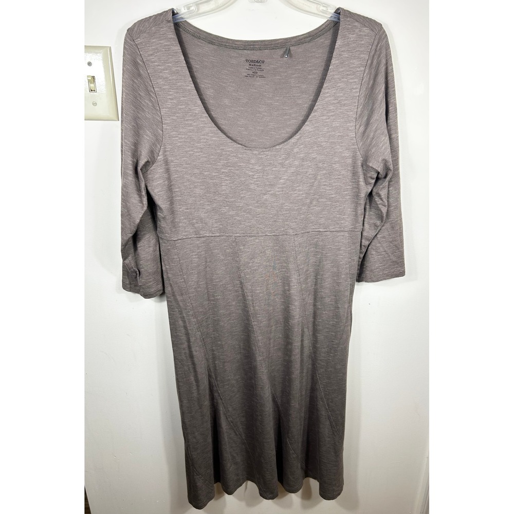 Toad & Co Dress M Taupe Subtle Stripe Organic‎ Cotton Tencel Spandex 3/4 Sleeve
